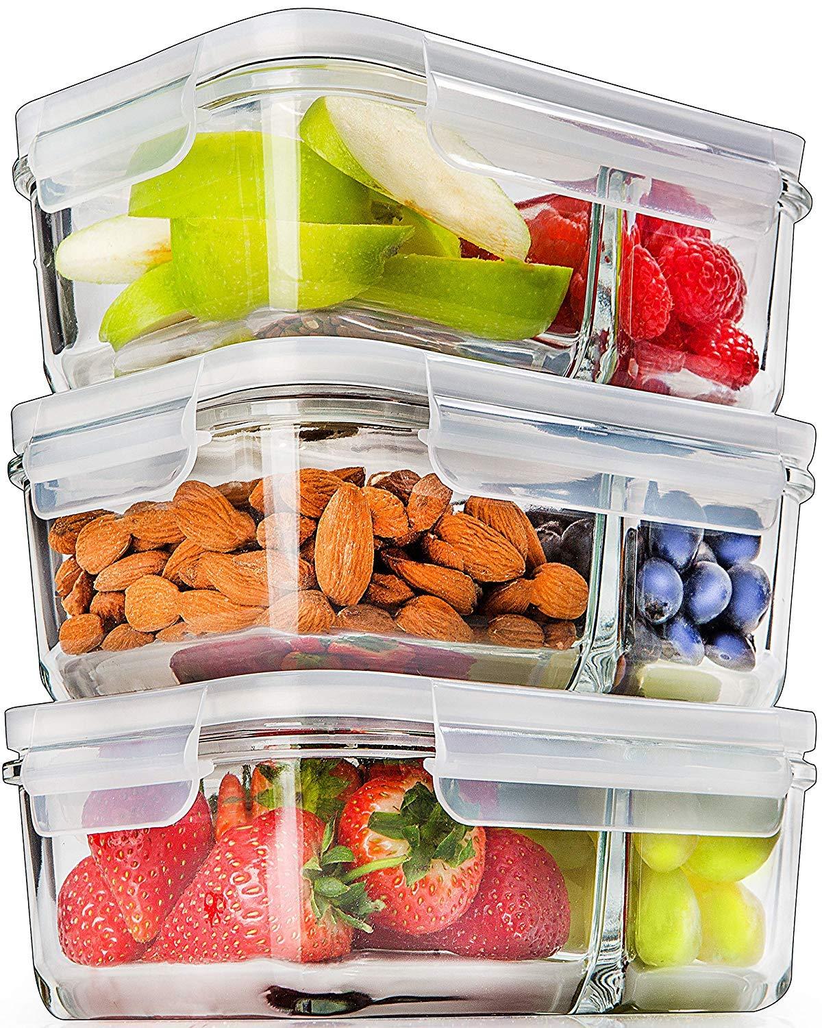 Prep Naturals Glass Meal Prep Containers Glass 2 Compartment (3 Pack