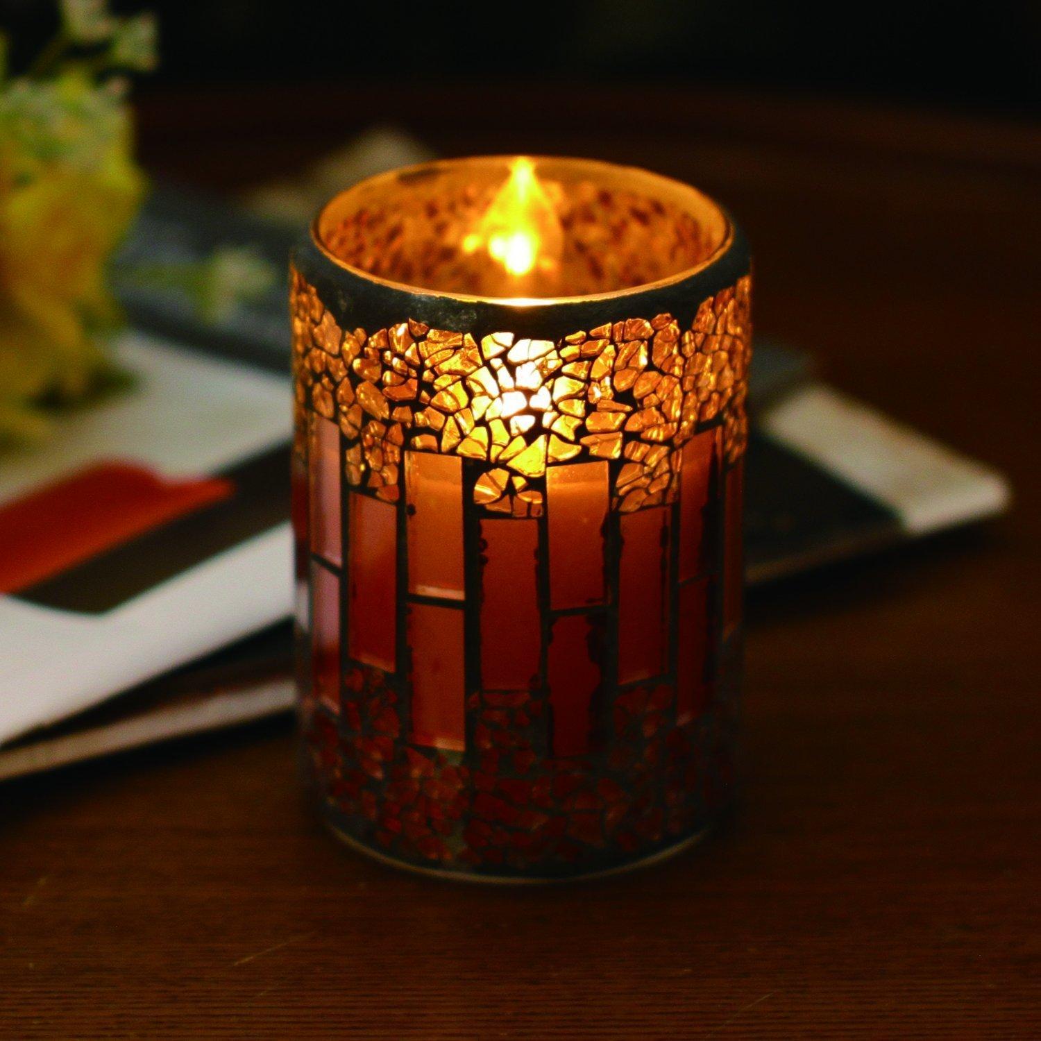 GiveU Flameless Pillar Timer Red Mosaic Glass Battery Operated Led