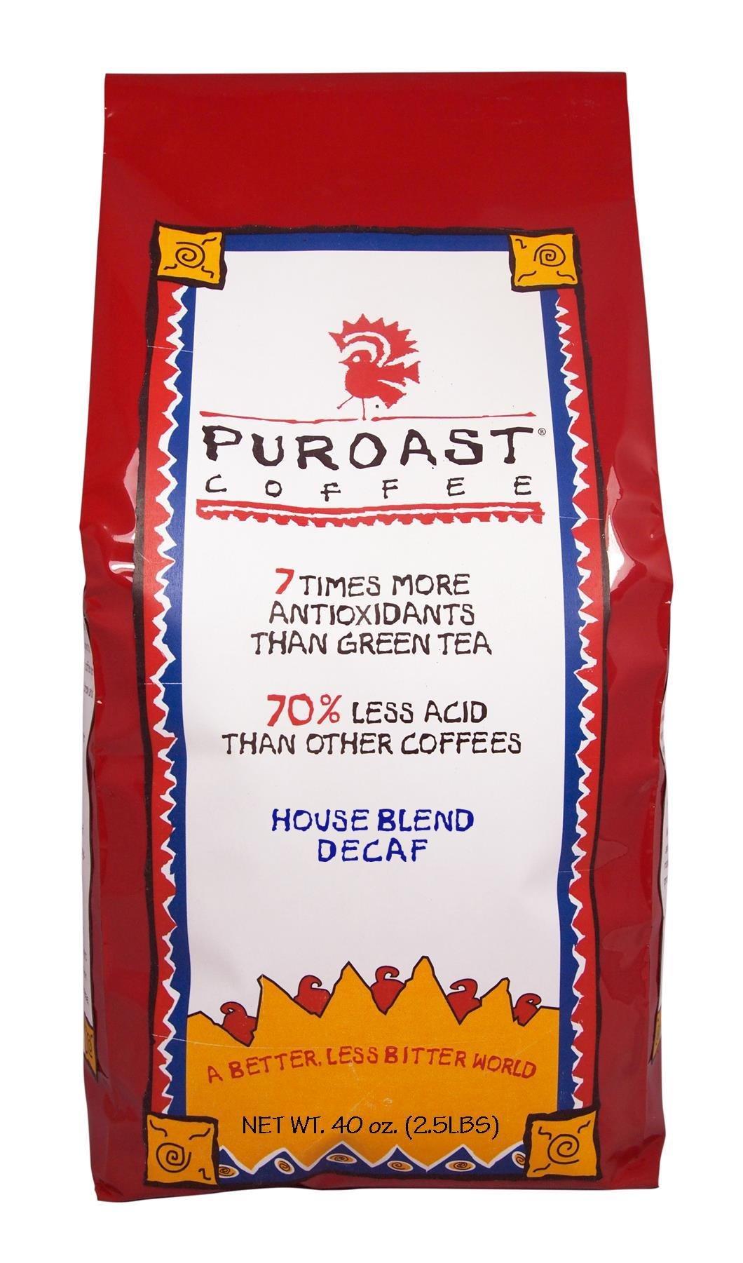 Puroast Low Acid Coffee House Blend Natural Decaf Whole Bean, 2.5Pound