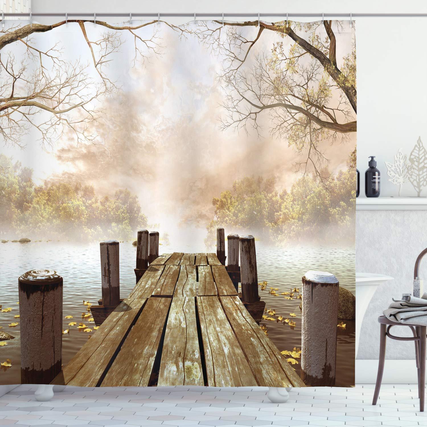 Ambesonne Autumn Shower Curtain, Old Wooden Jetty on a Lake with Fallen